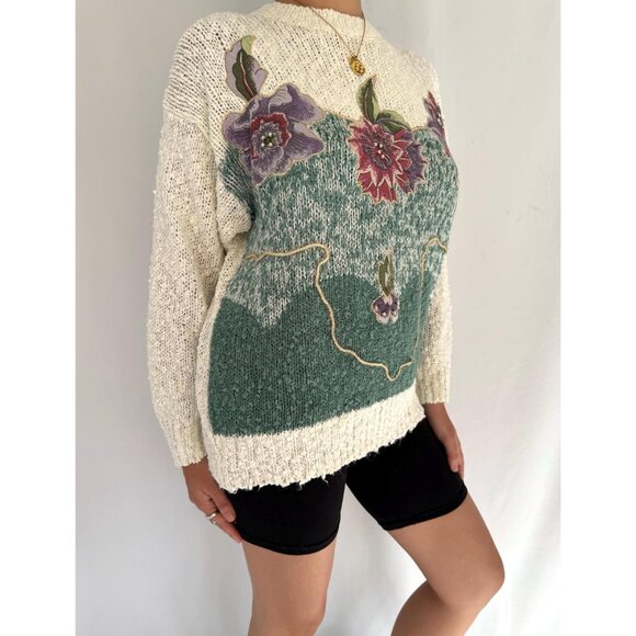80s vintage floral embroidered applique fairy grandma long sleeved knit sweater - Picture 6 of 9